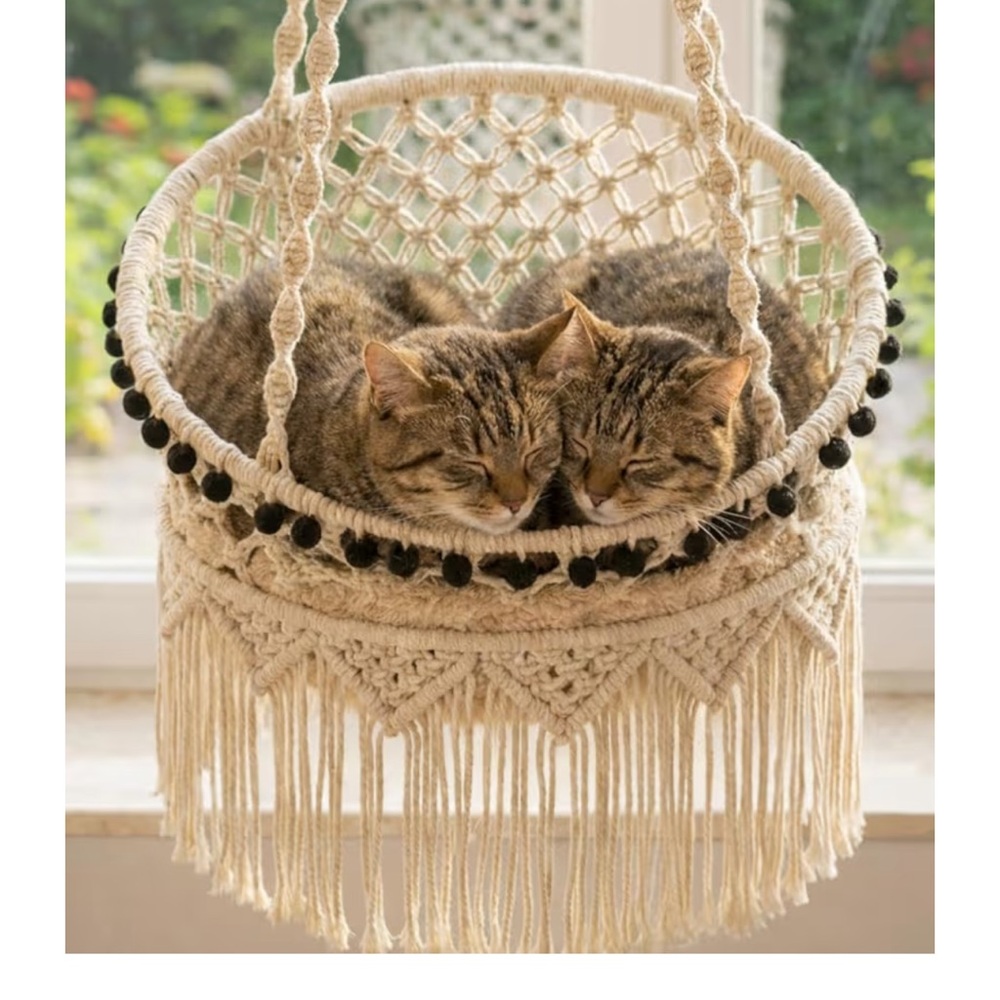 Boho Macramé Hanging Basket with Black Pom-Pom Trim